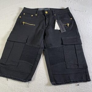 Blue‎ Stitch Cargo Shorts Mens 32 Black Moto Biker Denim Stretch 14" Inseam NEW
